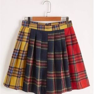 Tartan Color-Block Pleated Skirt